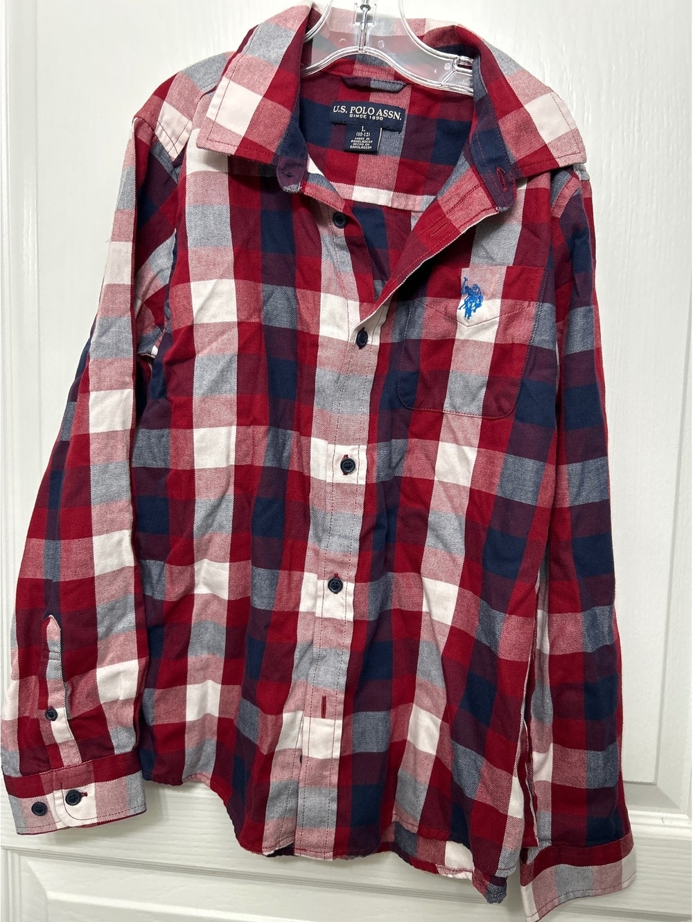 U.S. Polo Assn. boys Large Red and Navy Blue Plaid Button-Up Shirt